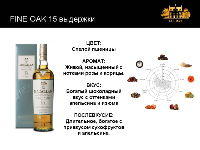 FINE OAK 15 выдержки ЦВЕТ: Спелой пшеницы  АРОМАТ: Живой, насыщенный с нотками розы